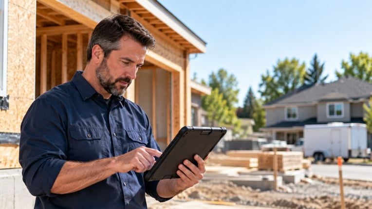 Building inspector completing a field inspection on a tablet