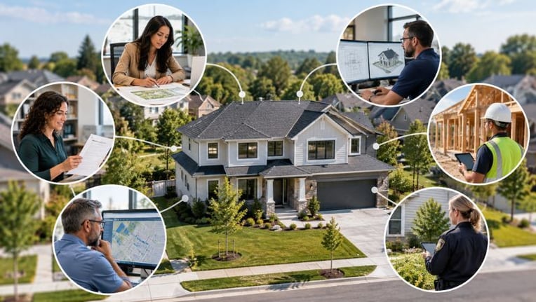 Local government staff builders and residents using connected community development software