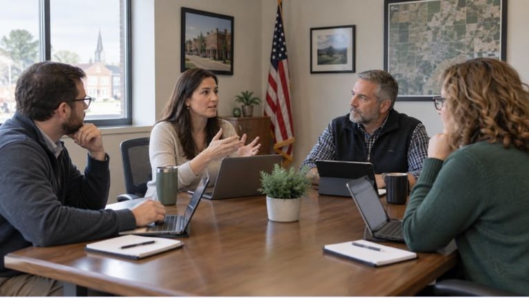 Local government staff discussing technology options to help boost efficiency for their town